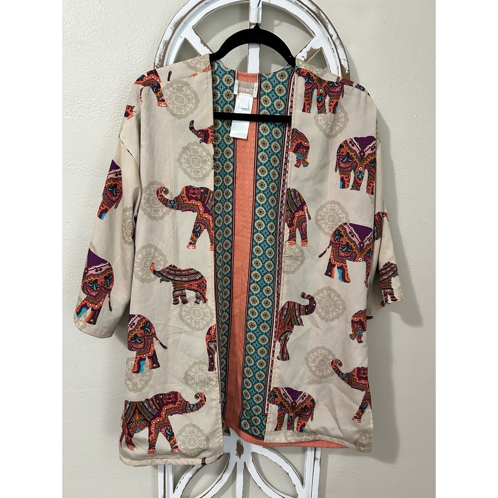 Chicos SIZE 0 Reversible Kimono Jacket Medallion Elephant Boho Festival